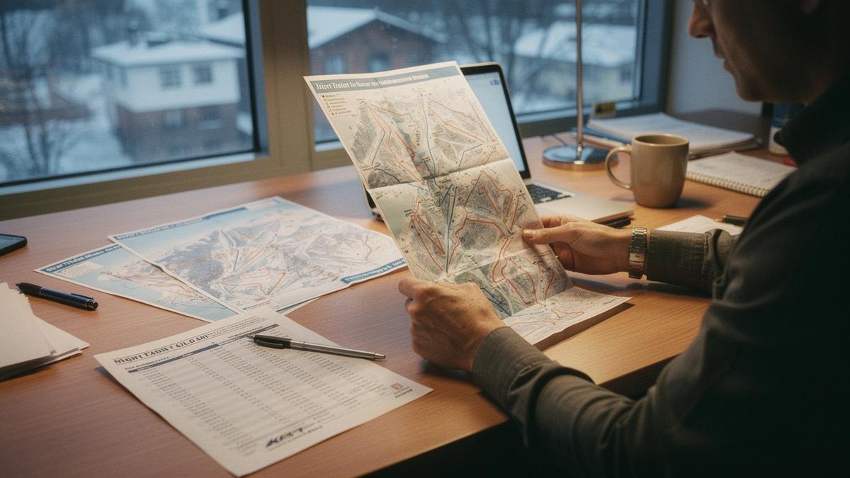 Trip planner comparing printed ski resort maps with night train timetables at a desk