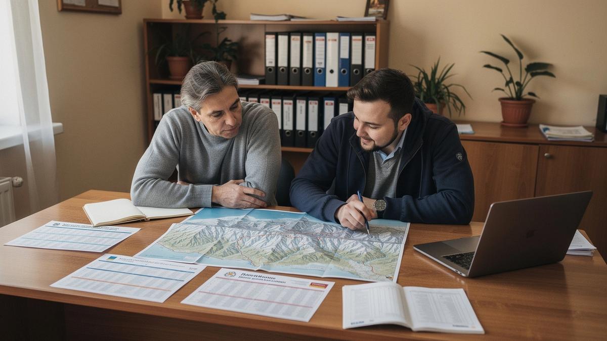 Ski trip planners comparing Carpathian route maps at the Lviv office desk