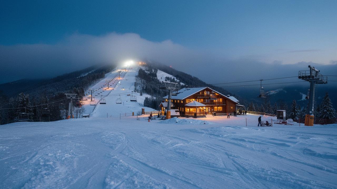 Lit chairlift climbing a snowy Carpathian ridge above a timber lodge at blue hour