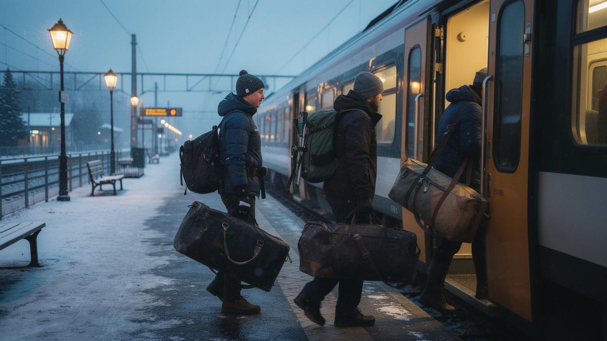 Travellers with ski bags boarding a sleeper train on a snowy platform at dusk