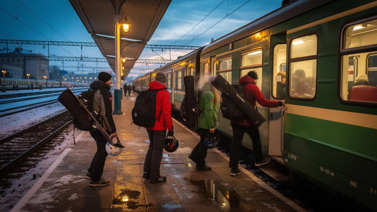 Skiers with ski bags boarding a night train at Lviv railway station