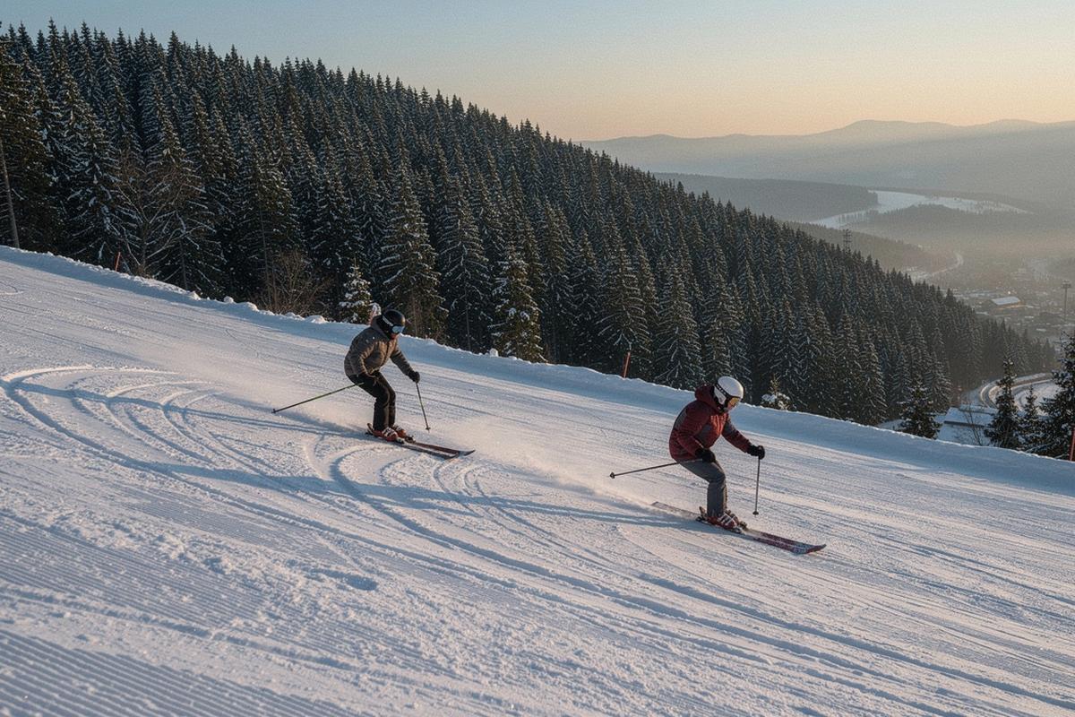 Skiers on a groomed slope beneath a pine-covered ridge at a Carpathian resort