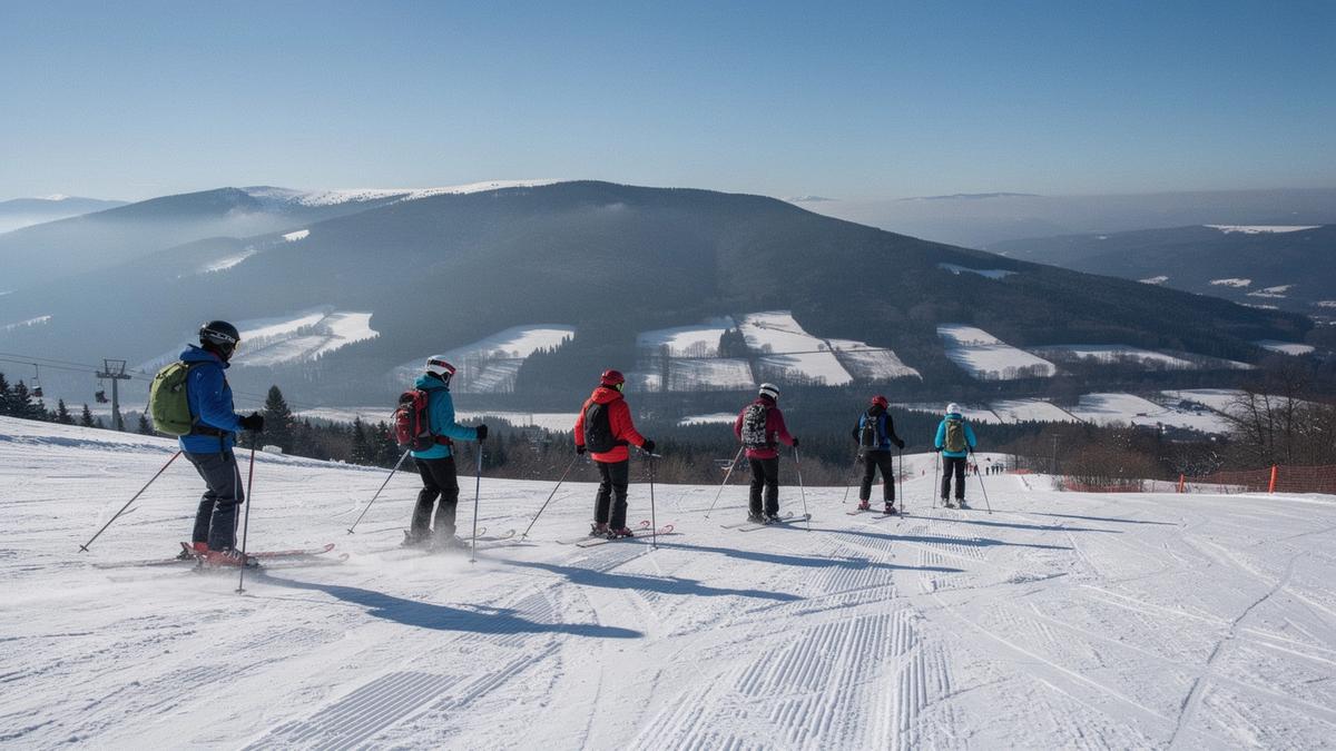 Skiers on a groomed piste in the Carpathians with a snow-covered ridgeline and valley below