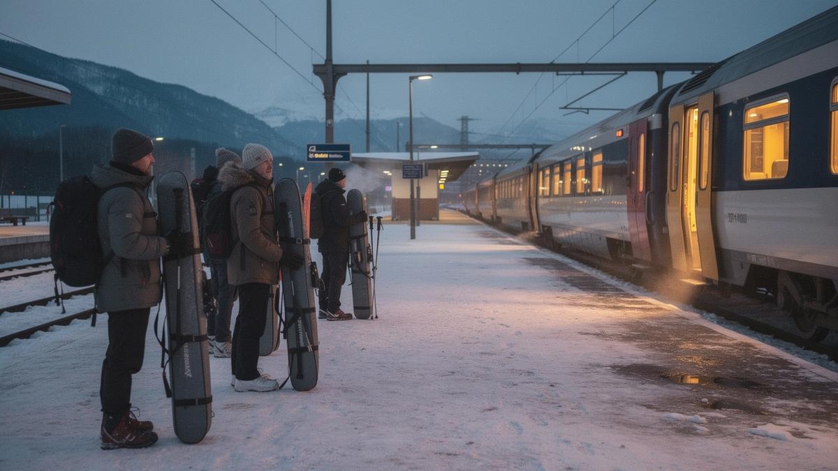 Skiers with bags and ski gear on a platform in Lviv waiting for a night train to the Carpathians