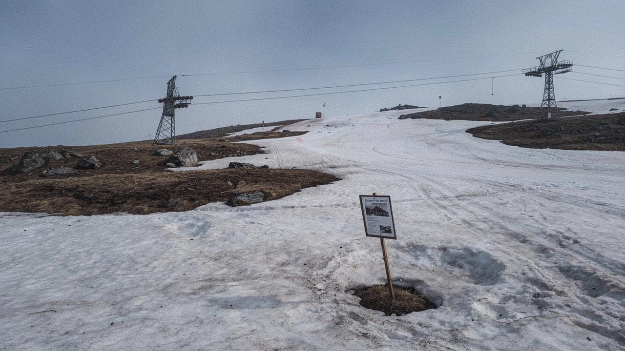 Ski lift towers standing over an alpine slope with thin, patchy late-season snow