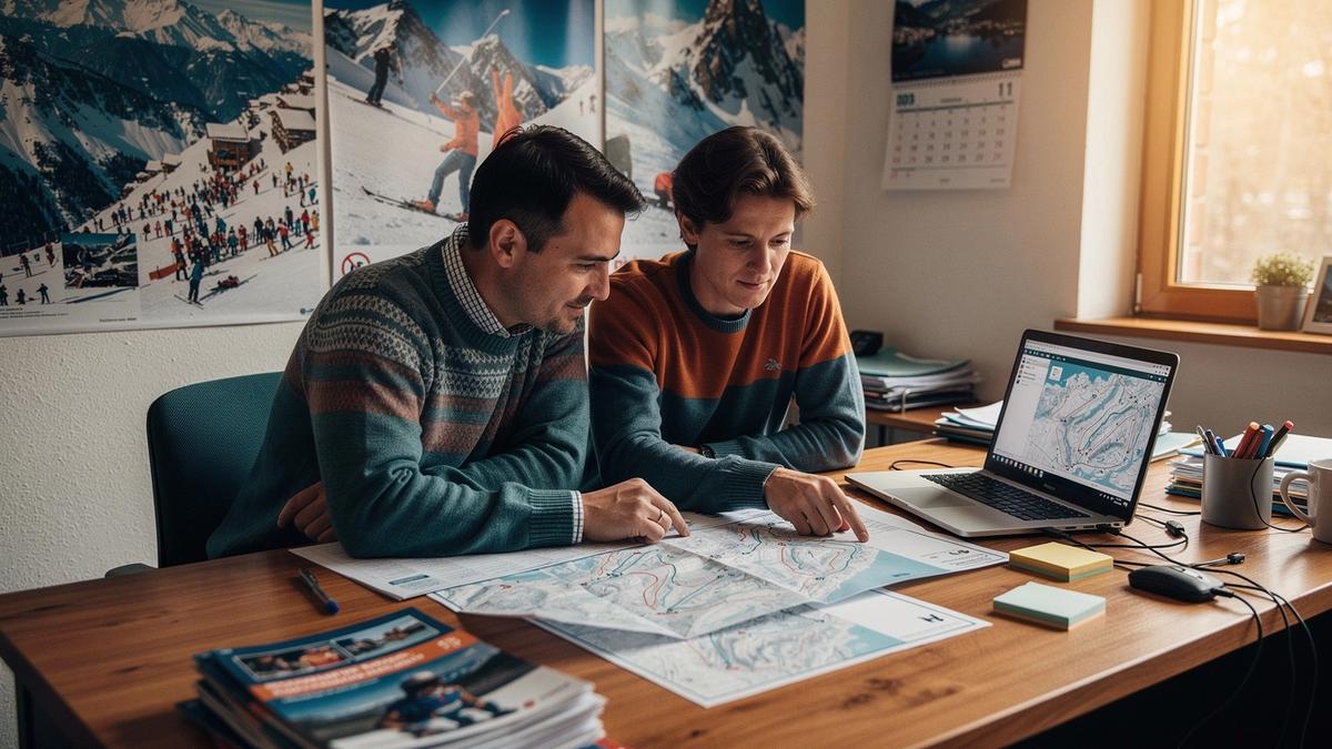 Planners at the Lviv desk checking resort maps beside a laptop