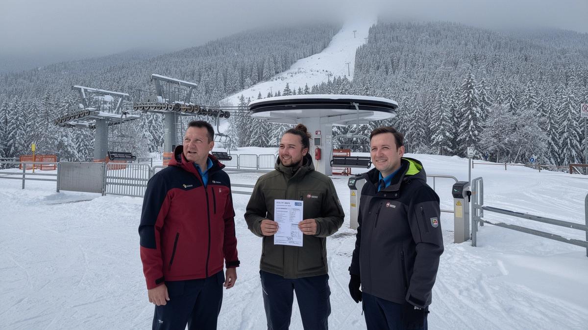 Skiers reviewing a printed trip invoice with a mountain guide outside a Carpathian lift station