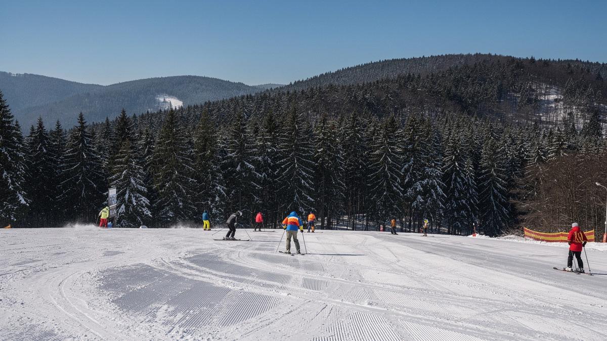 Skiers on a wide groomed slope above Bukovel in the Ukrainian Carpathians