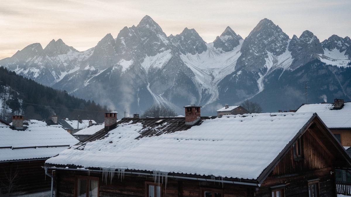 Snow covered wooden rooftops in Zakopane with the Tatra mountains behind