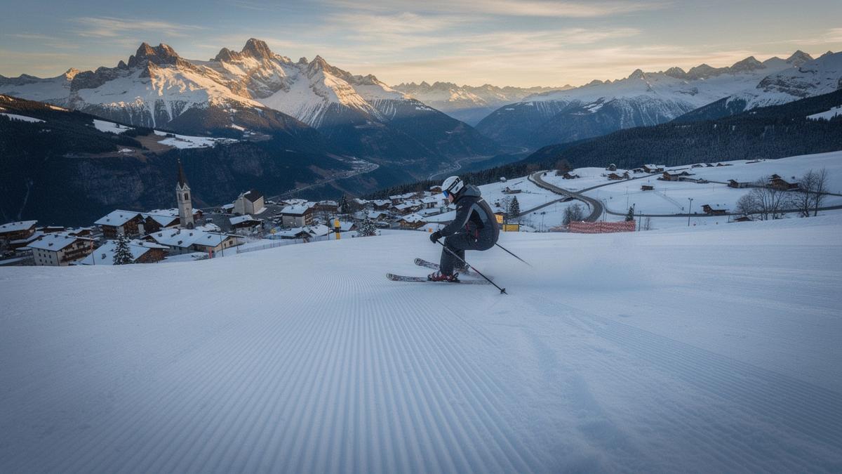 Long north facing ski run above the village of Livigno in the Italian Alps