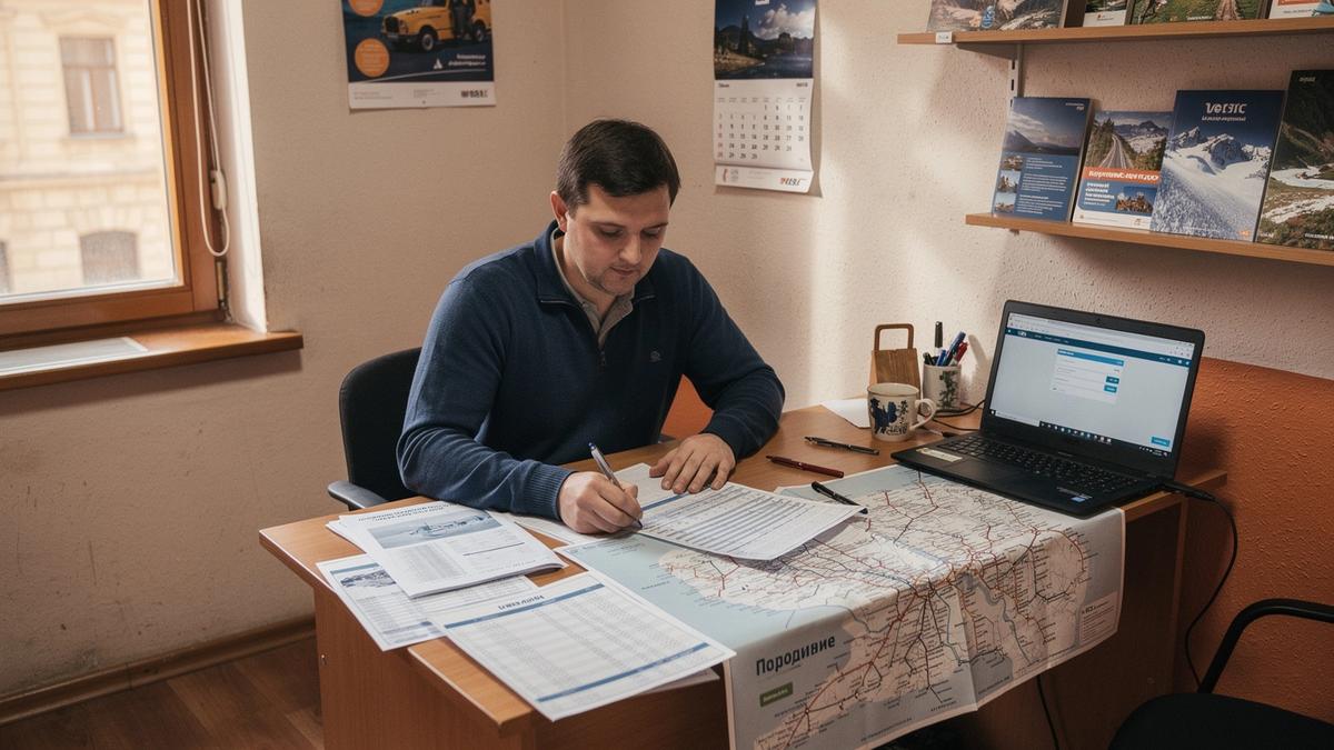 Trip planner reviewing ski itineraries and rail timetables beside a laptop in the Lviv office