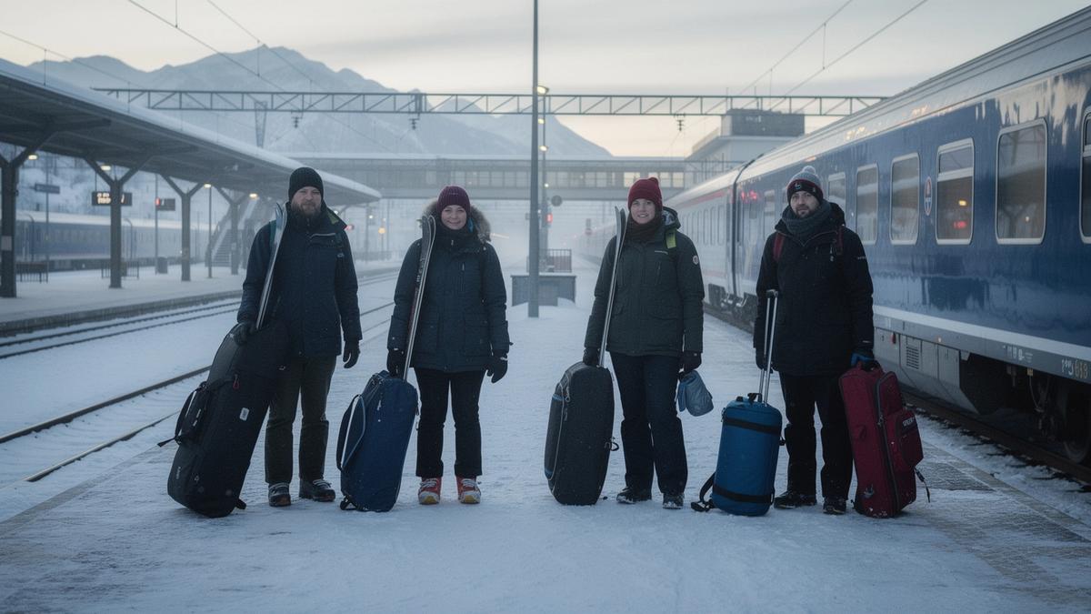 Skiers with holdalls waiting on a snowy platform for the night train to the Carpathians